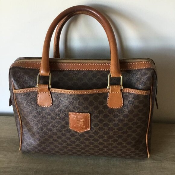 Vintage Celine Macadam Boston Bag Brown Coated Canvas, Leather Trim RARE FIND - Picture 1 of 11